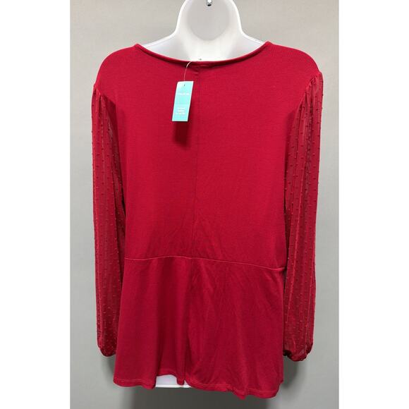 Maurices Red Surplice Tie Front Top Sheer Swiss Dot Sleeve Plus Size 1X - Picture 2 of 7